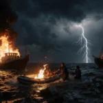 People frantically reaching for a burning life raft with flames and stormy night skies over burning boats