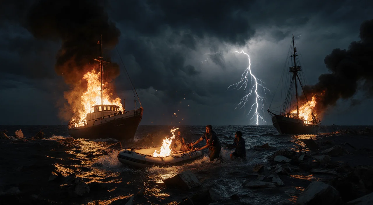 People frantically reaching for a burning life raft with flames and stormy night skies over burning boats