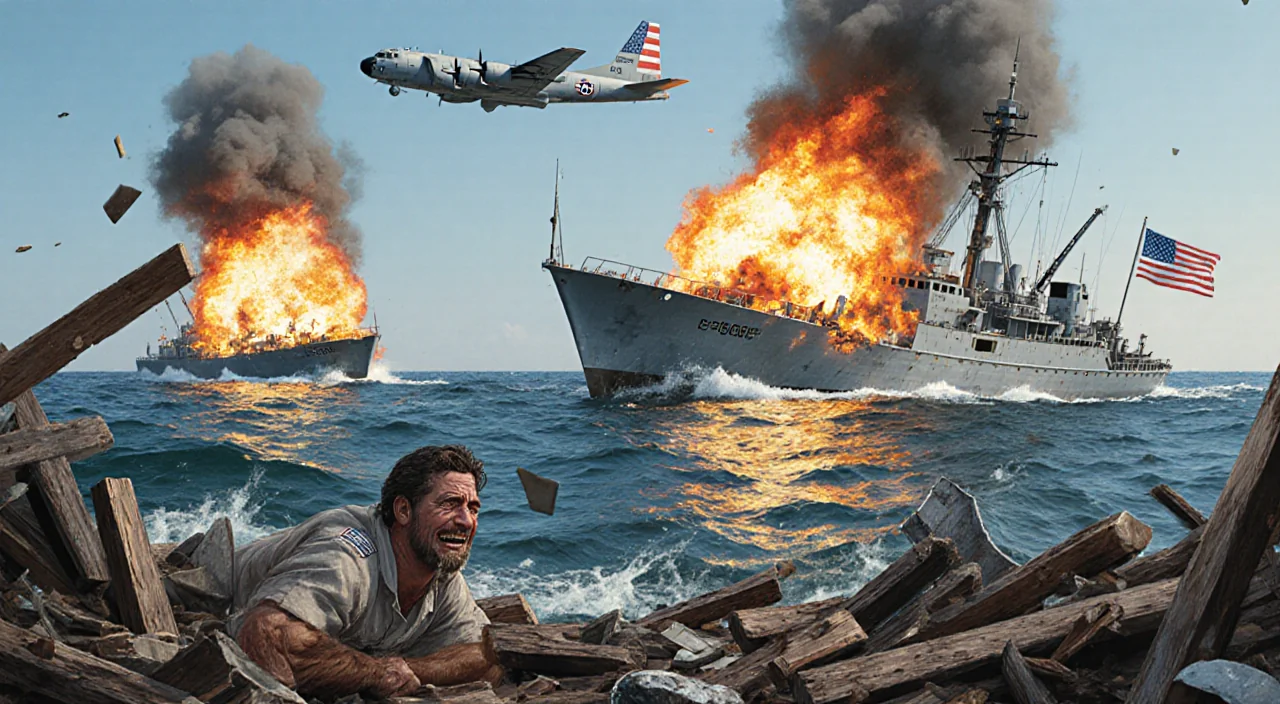 Boats explode in the Pacific with fireball debris and a distressed victim and U.S. aircraft overhead.