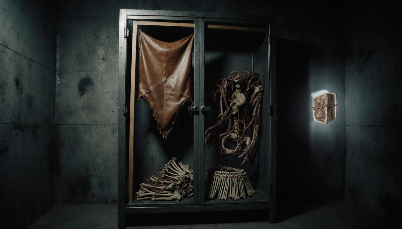 Cabinet displays stretched skin and bones with twine, presenting body parts and a faint book of skin‑bound pages in backgroun