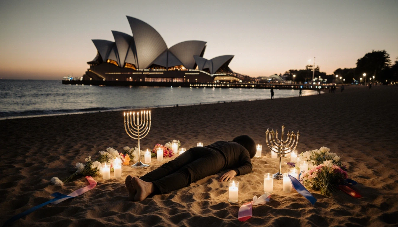 Lone figure lying on Bondi Beach sand with candles and menorahs under dawn light near Opera House