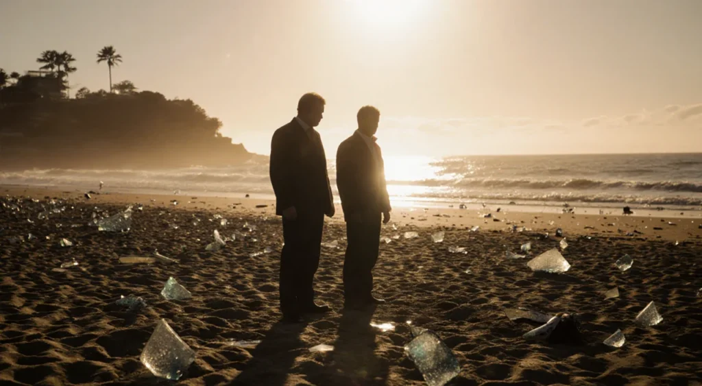 Father and son suspect standing on sandy Bondi Beach at dusk with broken glass scattered