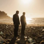 Father and son suspect standing on sandy Bondi Beach at dusk with broken glass scattered
