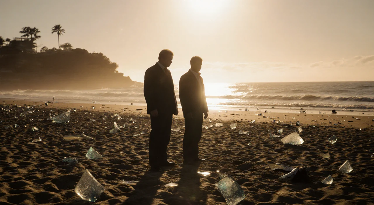 Father and son suspect standing on sandy Bondi Beach at dusk with broken glass scattered