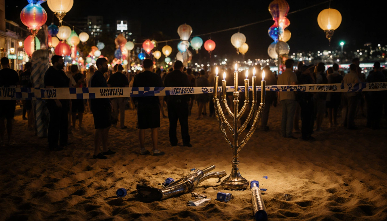 Broken menorah lies on Bondi Beach during a Hanukkah celebration with police tape and flashing lights.