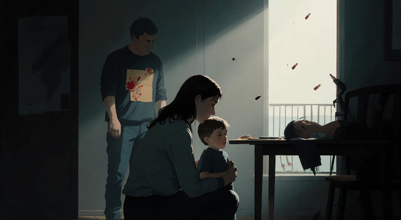 Mother kneeling and shielding her child with bullets shattering overhead and a wounded man's chest patched in the background