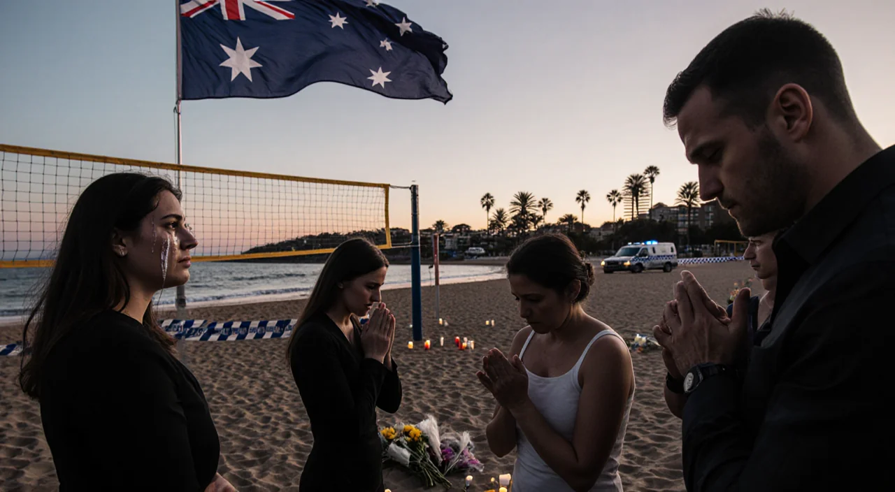 Group of mournful faces standing with tears and clasped hands under an Australian flag at dusk on Bondi Beach