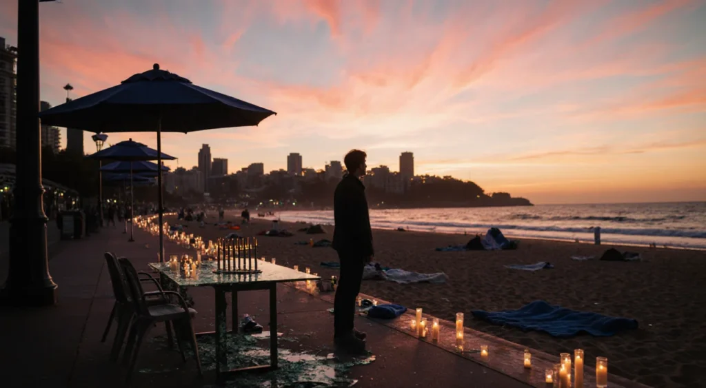 Lone figure standing near shattered table gazing at Bondi Beach sunset with candles and abandoned umbrellas