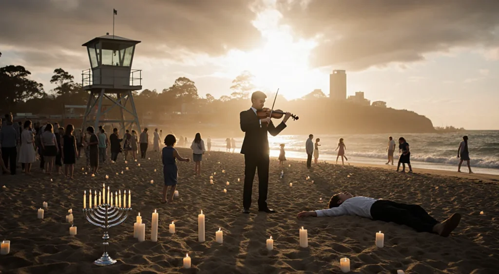 Violinist playing on Bondi Beach at sunset with scattered Hanukkah candles and a looming lifeguard tower