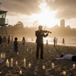 Violinist playing on Bondi Beach at sunset with scattered Hanukkah candles and a looming lifeguard tower