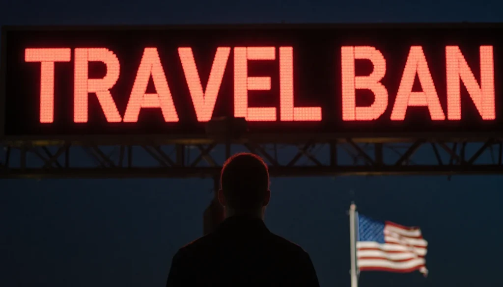 Person looking up at large digital screen with travel ban message and glowing American flag at border crossing