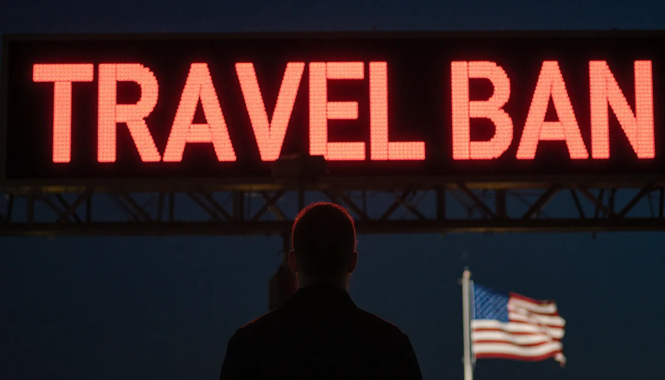 Person looking up at large digital screen with travel ban message and glowing American flag at border crossing