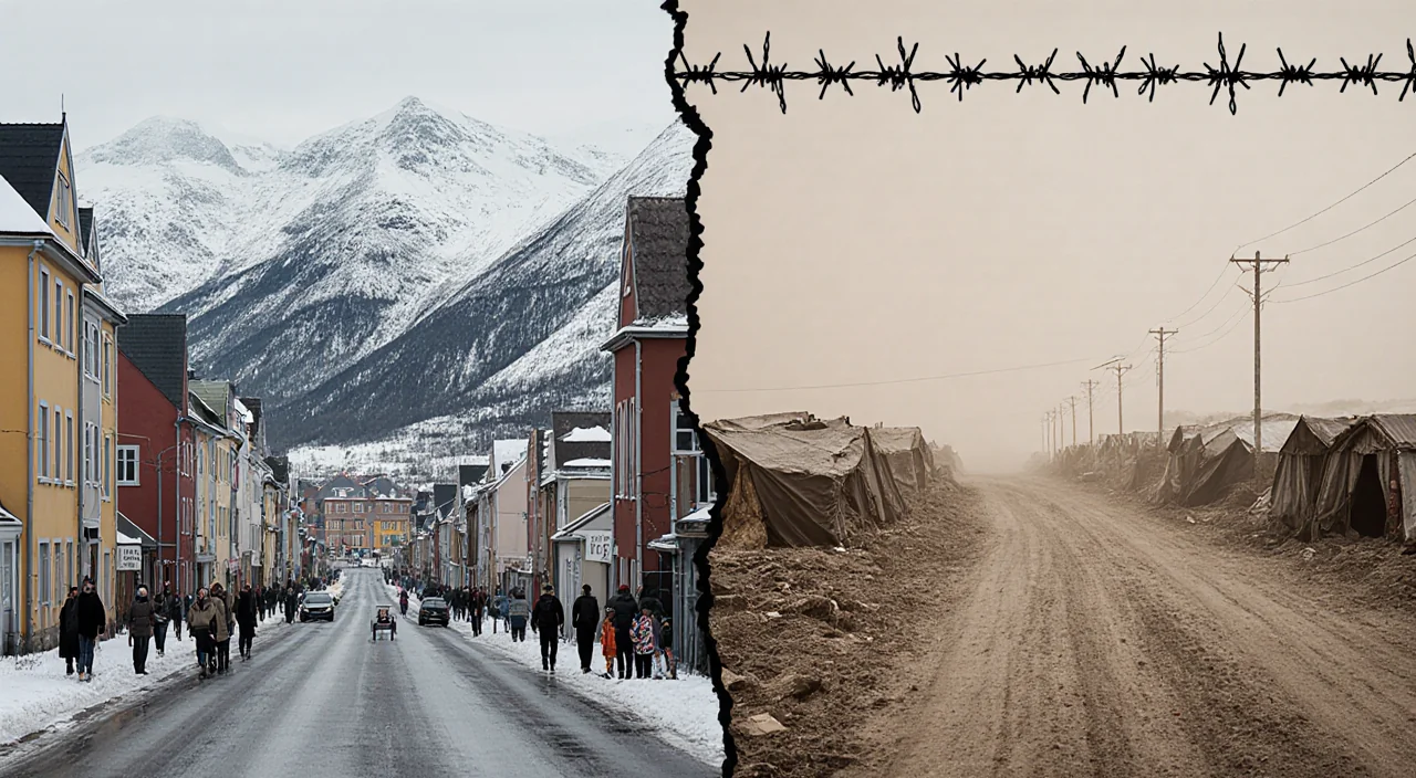 Barbed wire divides a snowy Scandinavian landscape with smiling locals and a dusty wasteland with refugees.