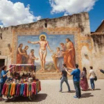 Tourists pointing at a bright Ecce Homo fresco under a blue sky with a vendor selling colorful souvenirs in the foreground.