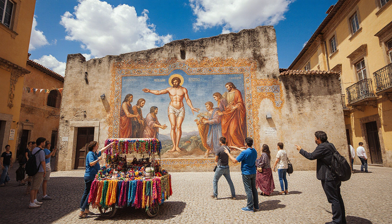 Tourists pointing at a bright Ecce Homo fresco under a blue sky with a vendor selling colorful souvenirs in the foreground.