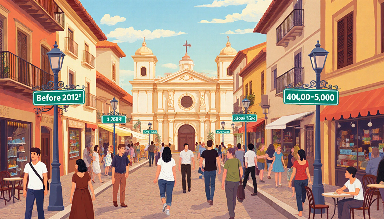 Locals and tourists bustle on Borja's main street with shops cafes arts center and signage showing tourism numbers warm color