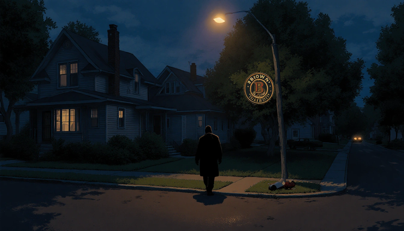 Dark figure walking away from house with streetlight glow and faint body silhouette near blurred college logo.