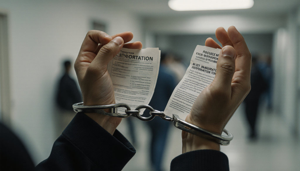 Hands bound in metallic cuffs with deportation notice visible through metal and blurred detention center background