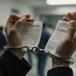 Hands bound in metallic cuffs with deportation notice visible through metal and blurred detention center background