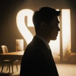 Bowen Yang standing on dimly lit stage with glowing SNL logo behind him and blurred desk in background