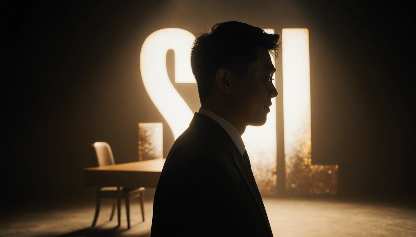Bowen Yang standing on dimly lit stage with glowing SNL logo behind him and blurred desk in background