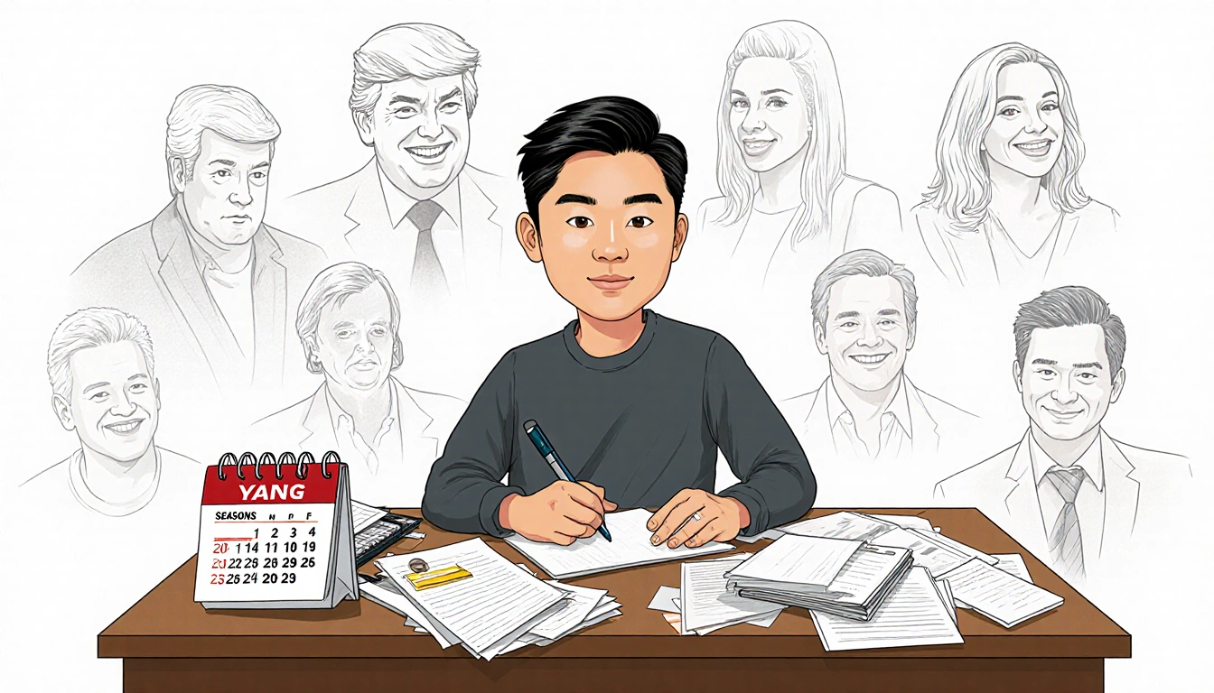 Illustrated desk displays clutter of SNL scripts and papers with calendar marking eight seasons