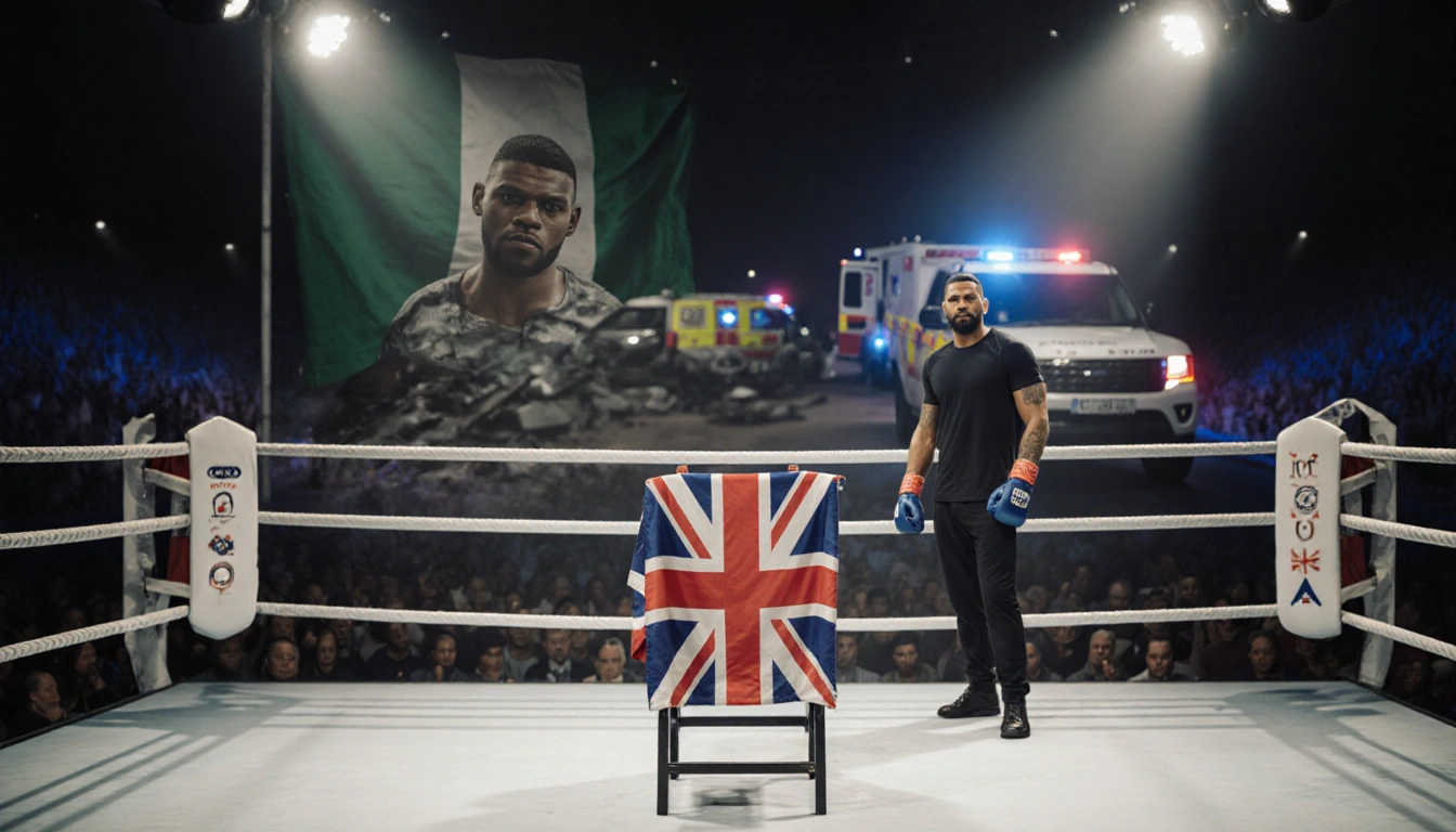 Empty seat for Anthony Joshua sits in a ring lit with a British flag draped over ropes and a Nigerian car crash scene behind.