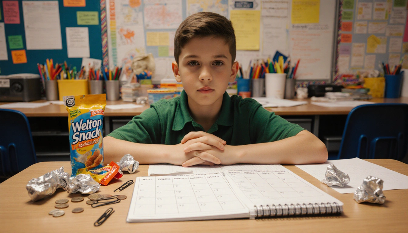 Weston sits at his desk with a calendar marking a reward savings date and school supplies scattered around.