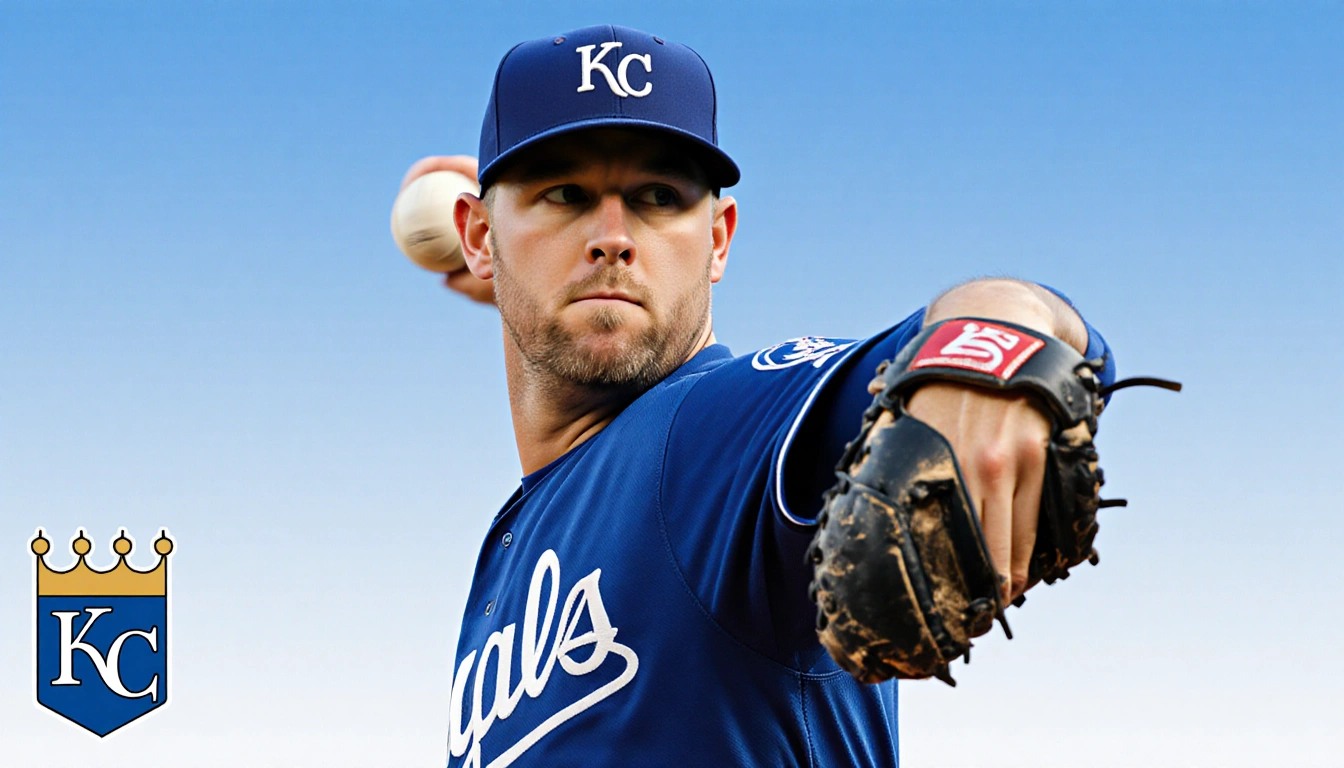 Brad Keller throwing from a pitcher stance with a worn baseball glove and a blue sky background of the Kansas City Royals