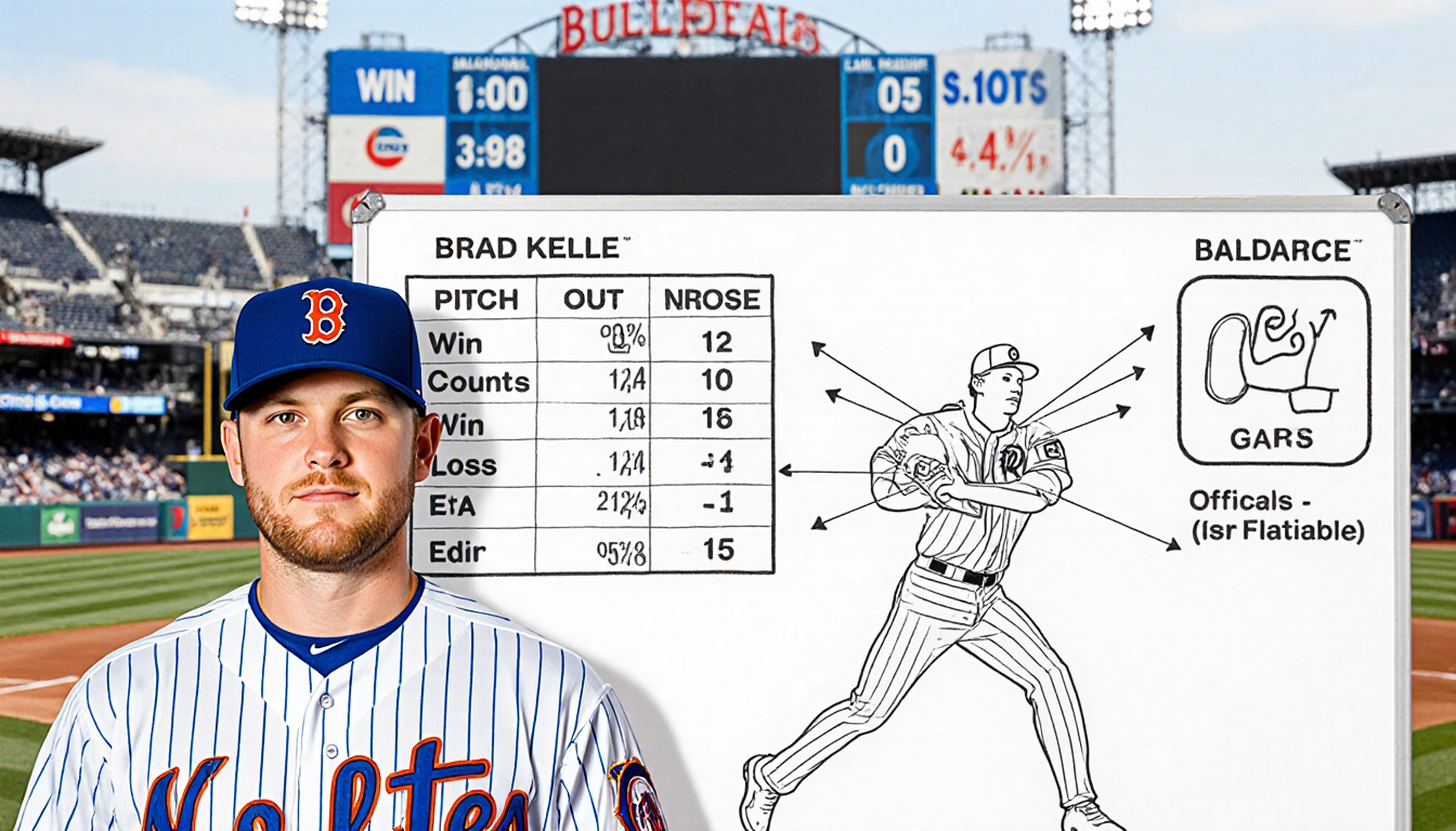 Brad Keller stands in baseball uniform with a detailed pitching motion diagram and a whiteboard of bullpen strategies behind.