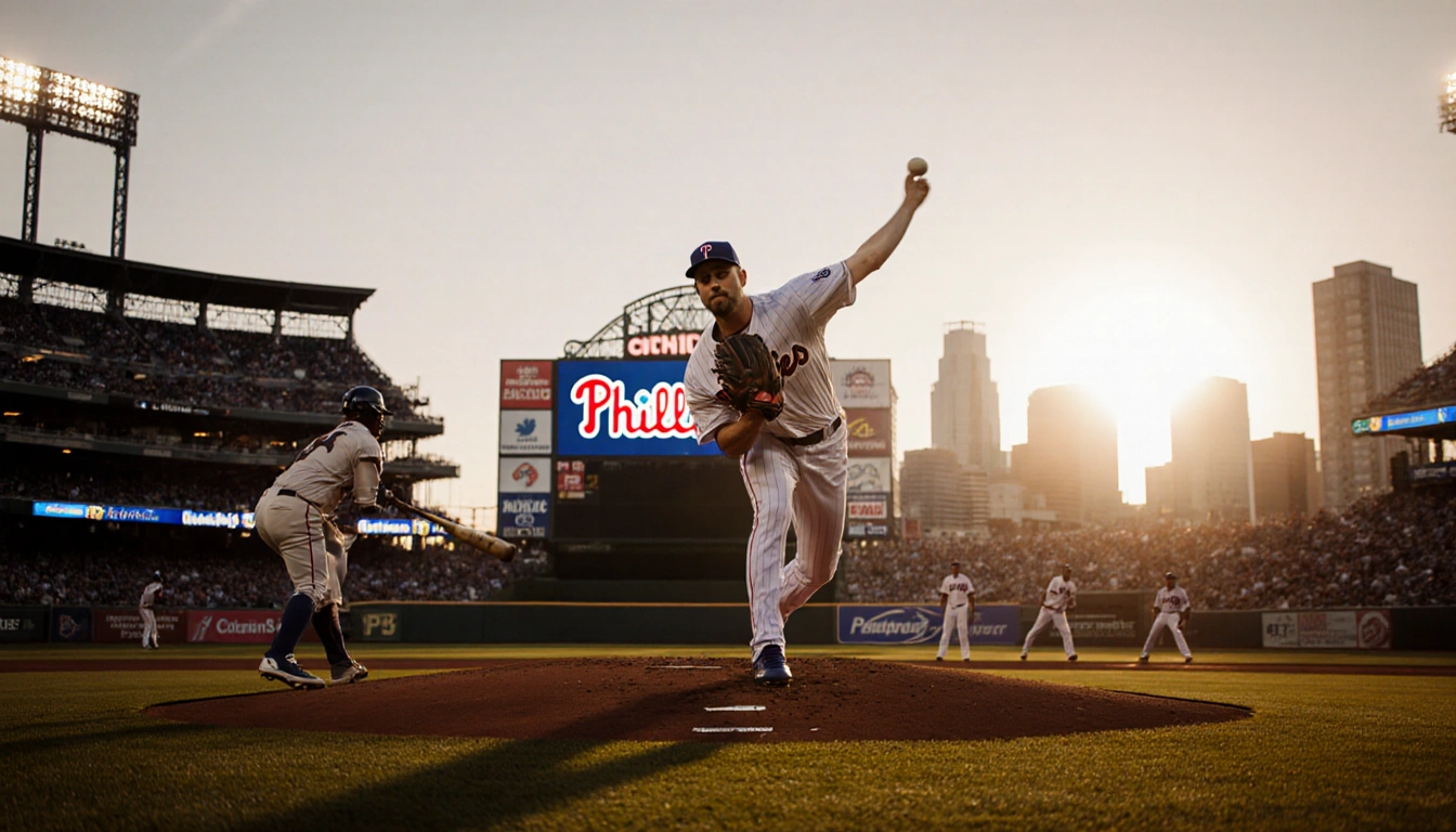 Brad Keller pitching a fastball with Phillies logo shining behind and Philadelphia skyline glowing at sunset