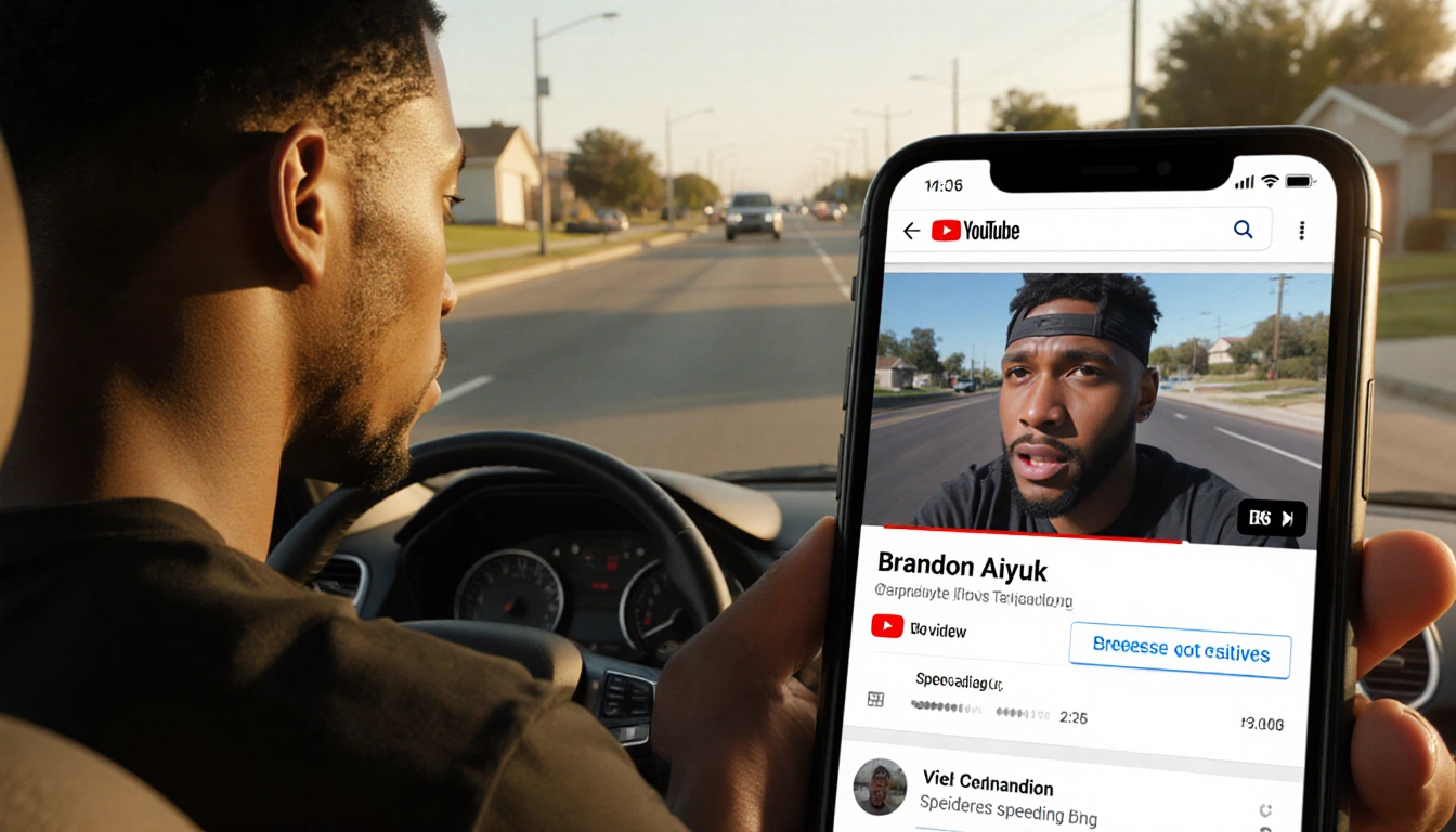 Brandon Aiyuk apologizes behind wheel of speeding car with smartphone screen showing viral video title