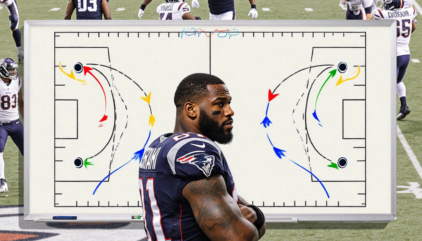 Brandon Graham highlights defensive alignment with arrows on a whiteboard while nodding and showing game footage in backgroun