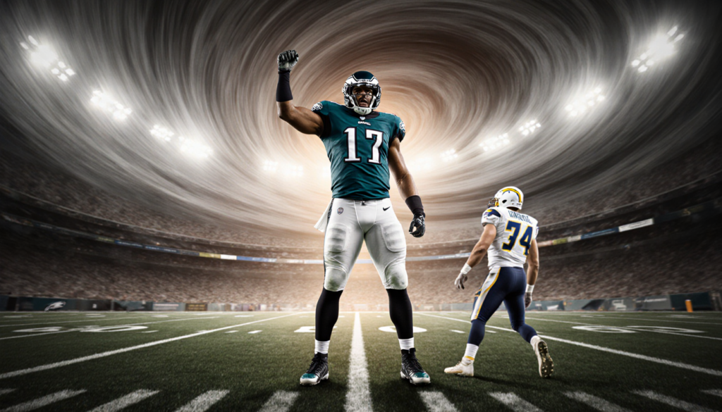 Brandon Graham Philadelphia Eagles raises his arm in a defensive stance with swirling gray and brown vortex and stadium light