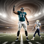 Brandon Graham Philadelphia Eagles raises his arm in a defensive stance with swirling gray and brown vortex and stadium light