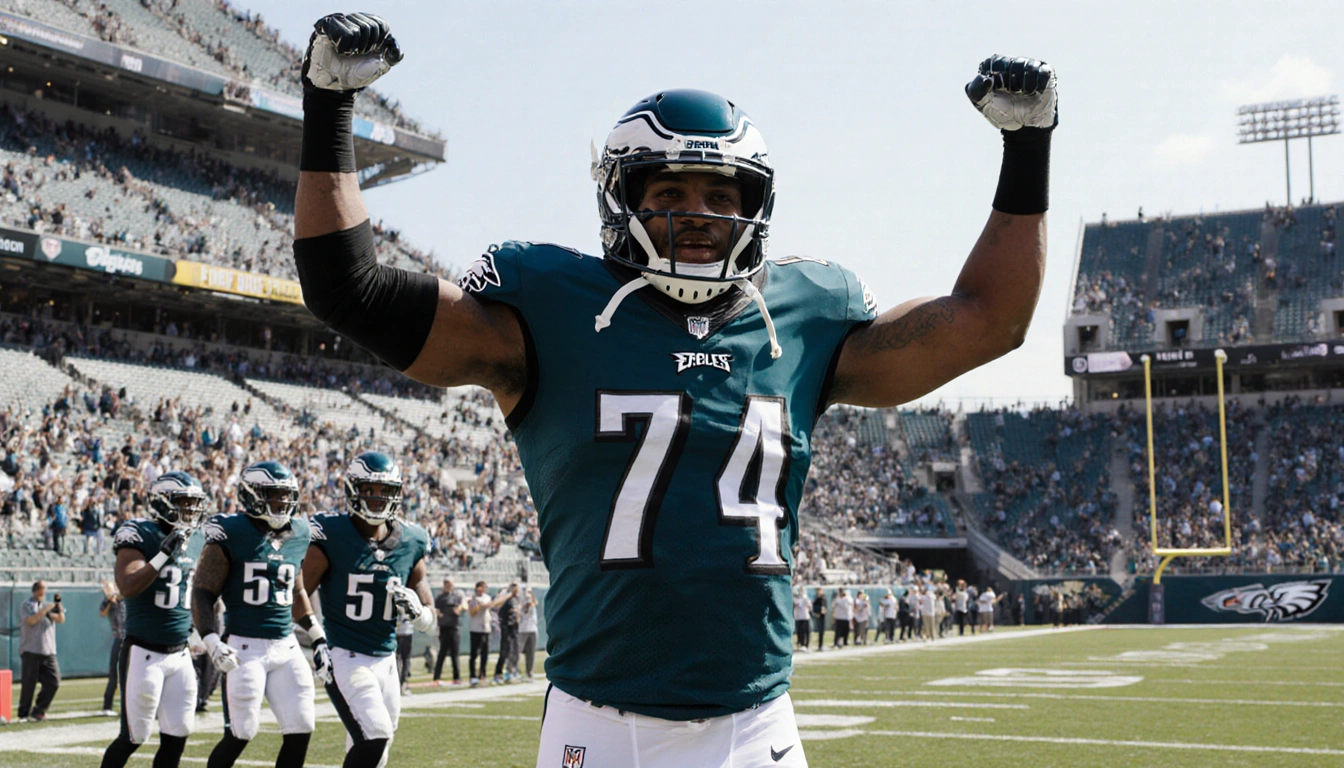 Brandon Graham raising arms in celebration with Eagles jersey and helmet while Washington logo appears on helmets behind him