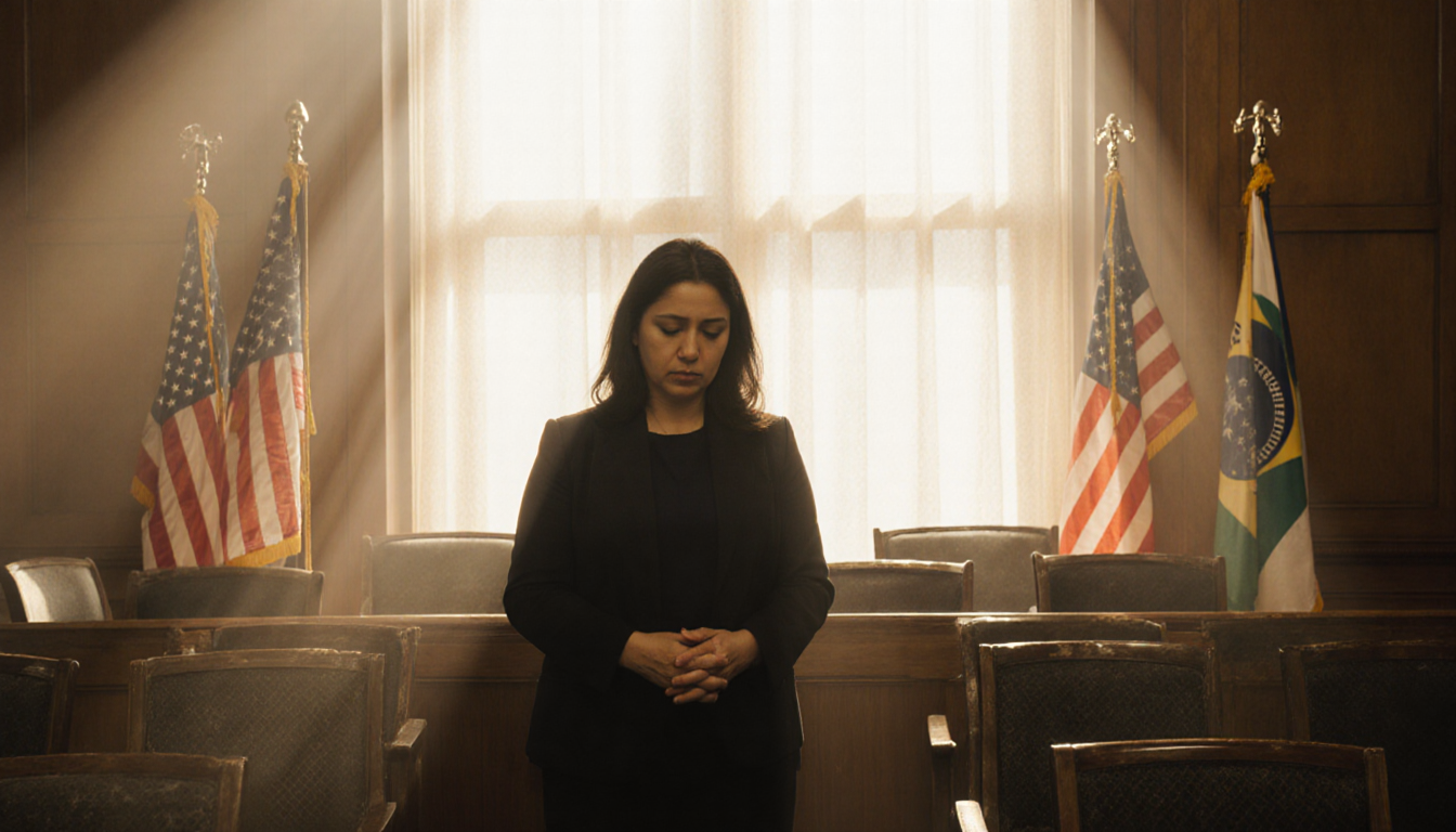 Brazilian woman Ferreira standing before immigration court bench with golden light and limply hanging U.S. flag.