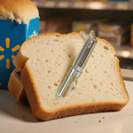 Half-eaten loaf of white bread pierced by a razor blade with a Walmart BOGO carton nearby and a supermarket shelf reflection