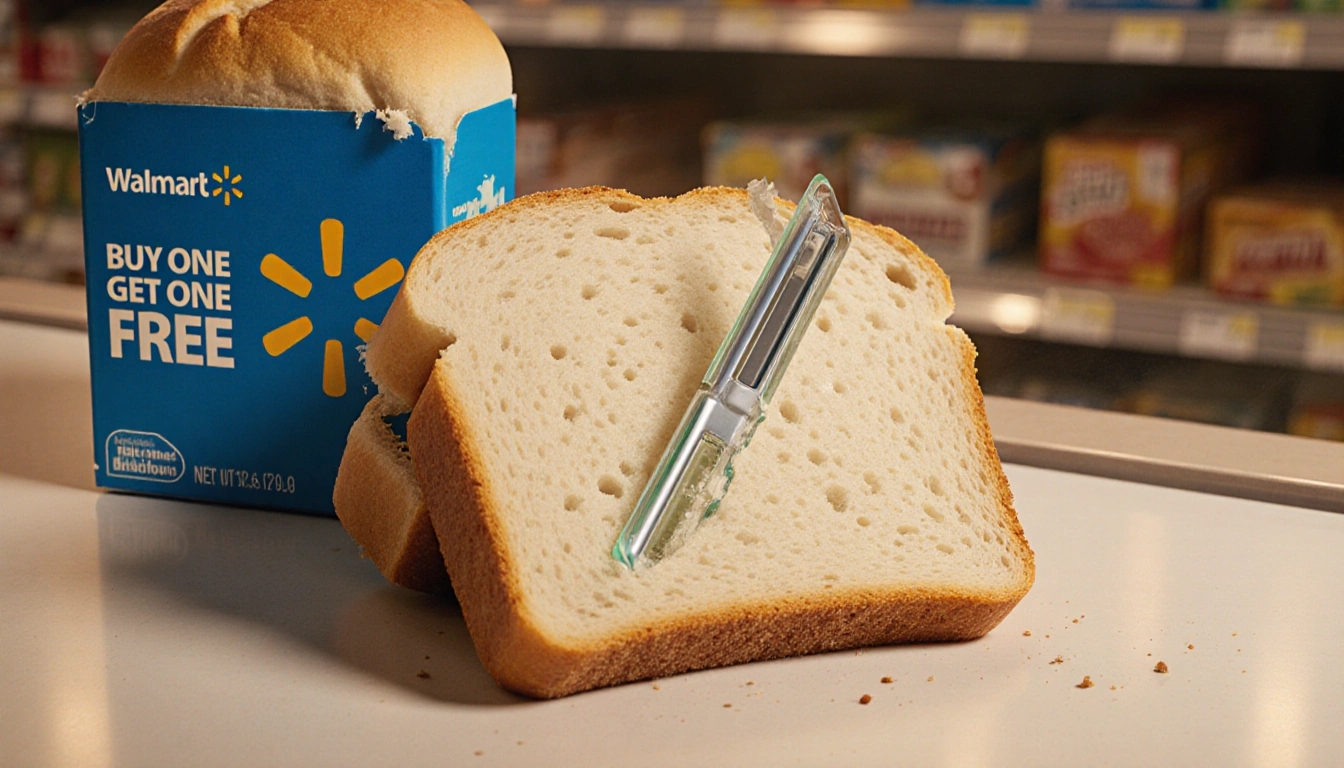 Half-eaten loaf of white bread pierced by a razor blade with a Walmart BOGO carton nearby and a supermarket shelf reflection