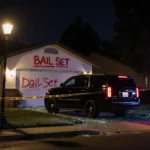 Black SUV idling with flickering streetlight and police tape framing the broken front door