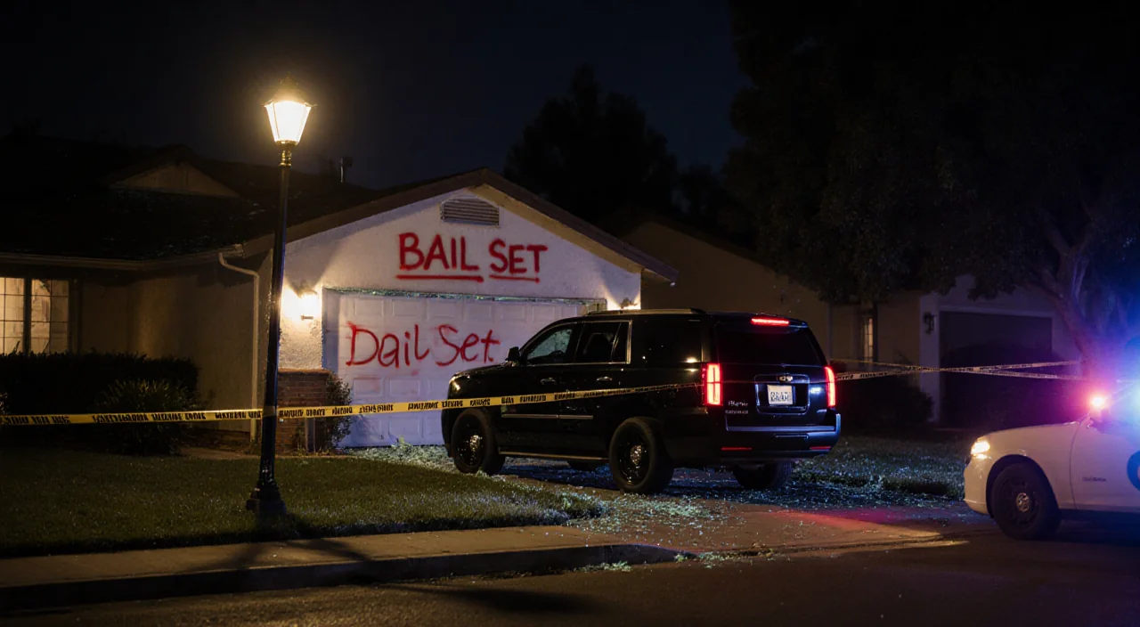 Black SUV idling with flickering streetlight and police tape framing the broken front door