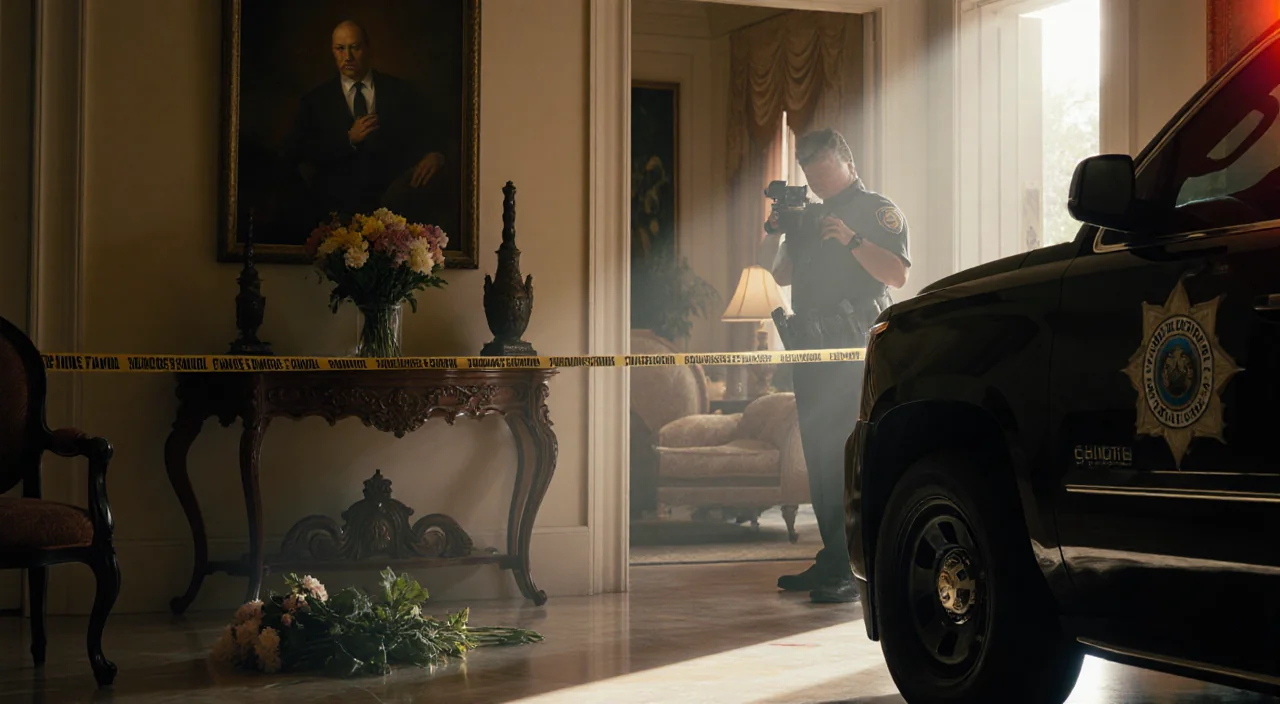 Police officer stands vigilantly beside crime scene tape with police cruiser parked and wilted flowers in foreground.