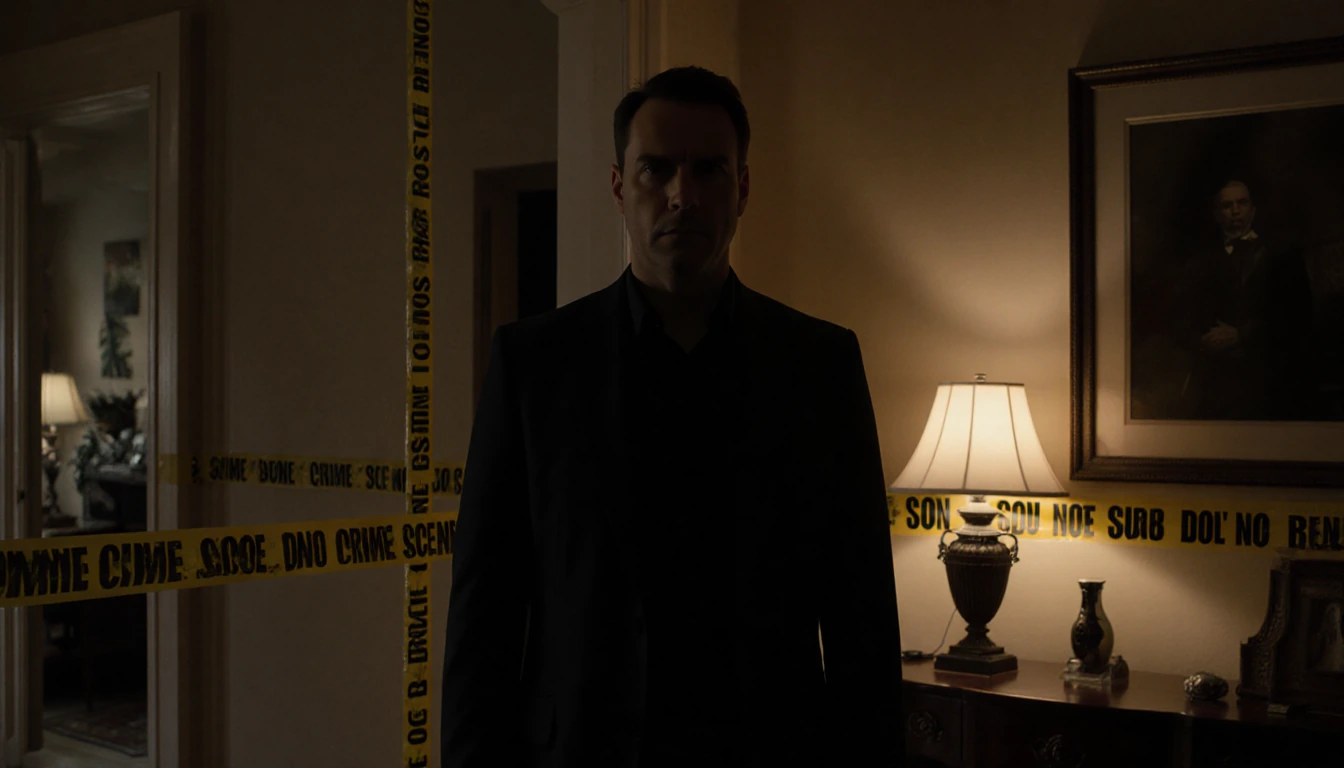 Nick Reiner standing alone in foyer with faint lamp glow and police tape on walls