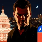 Brian Cole menacingly standing with Republican and Democratic headquarters and a midnight clock in background.