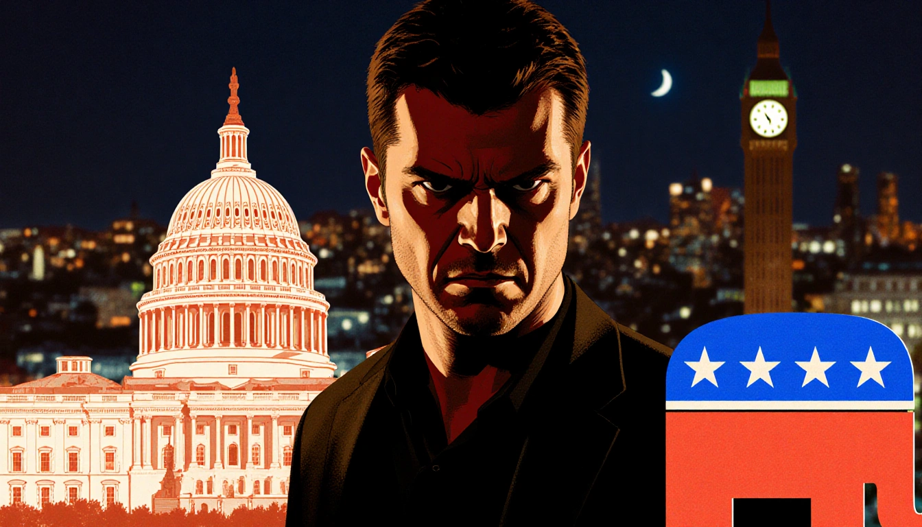 Brian Cole menacingly standing with Republican and Democratic headquarters and a midnight clock in background.