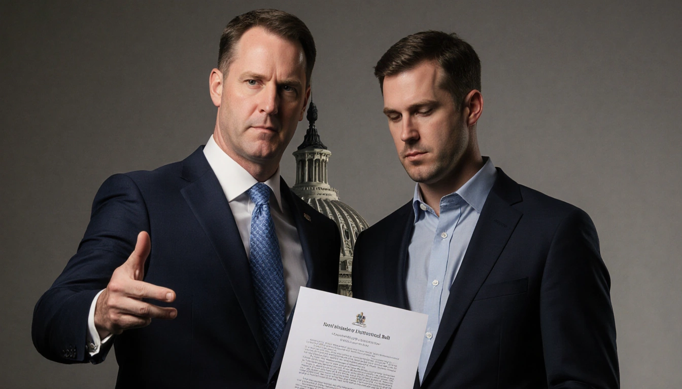 Reps. Brian Fitzpatrick and Ryan Mackenzie stand together with bipartisan bill document and Capitol Building hints behind the