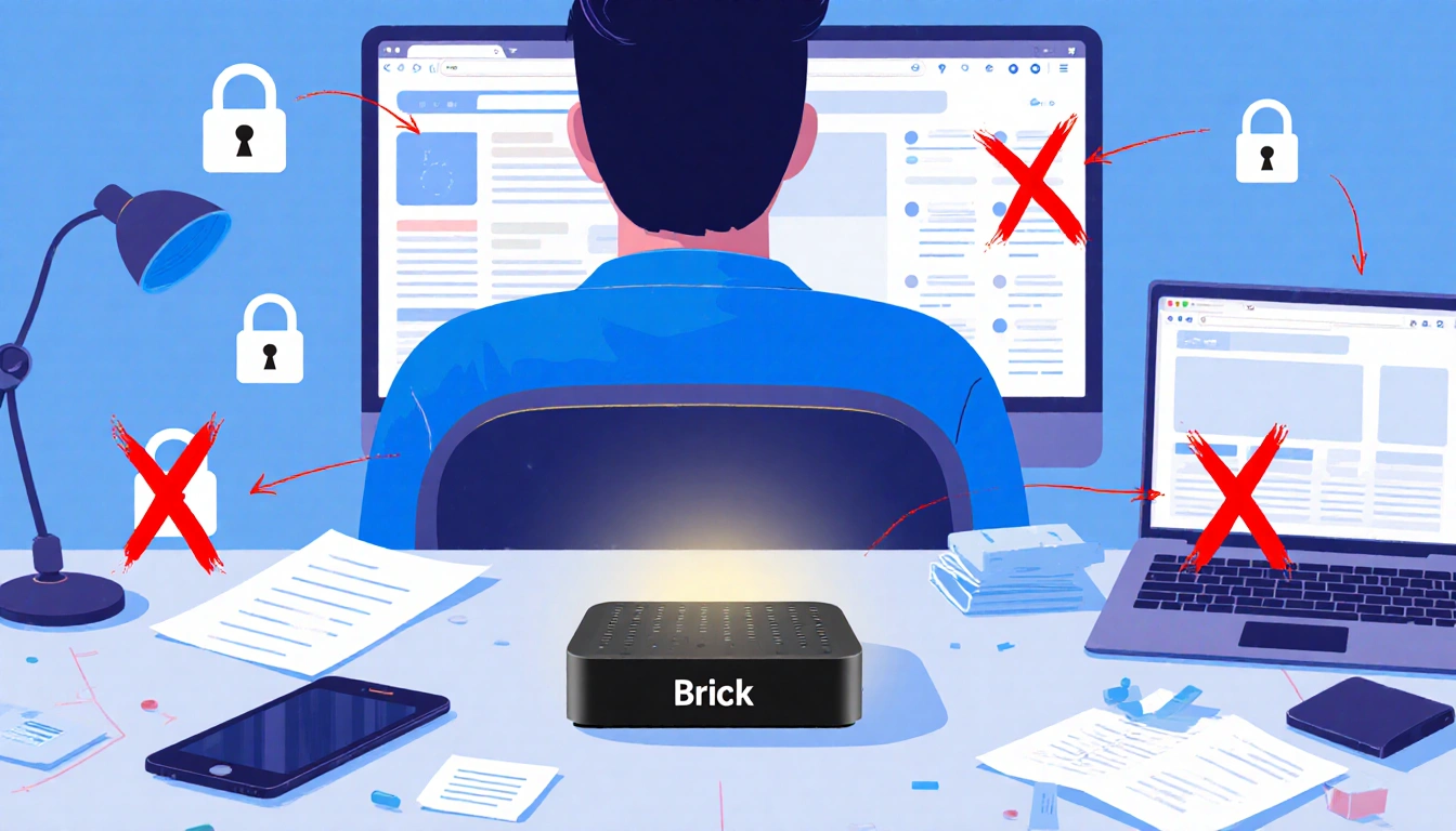 User sits with back to cluttered desk and glowing Brick device near laptop showing app blocking locks for distraction-free fo