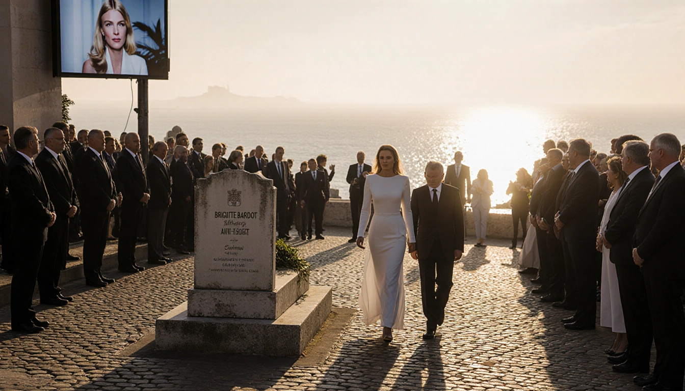 Woman in white dress walking toward headstone with misty Mediterranean backdrop near Saint‑Tropez and a funeral procession