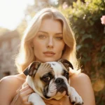 Brigitte Bardot holding a French Bulldog with golden light illuminating her face in a sun-dappled garden