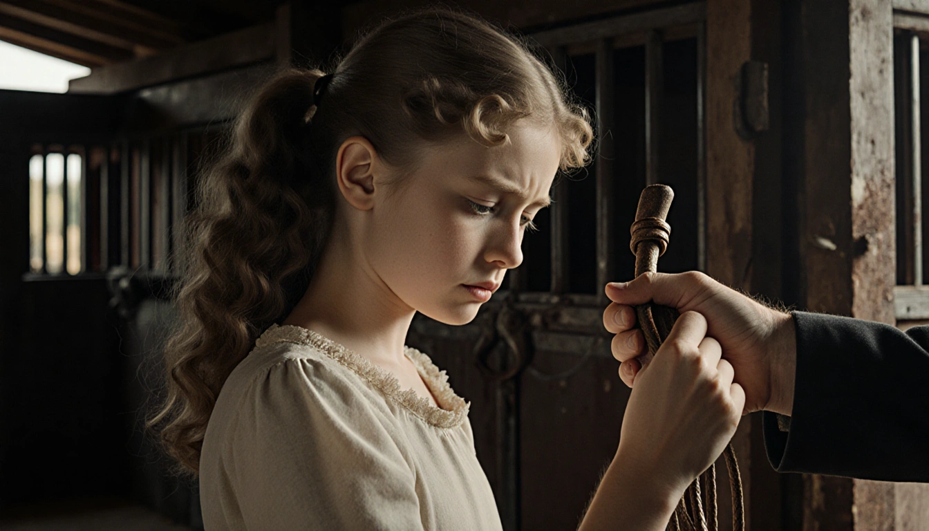 Young Bardot looking down at her father's hand holding a worn leather whip with a dimly lit horse stall behind her